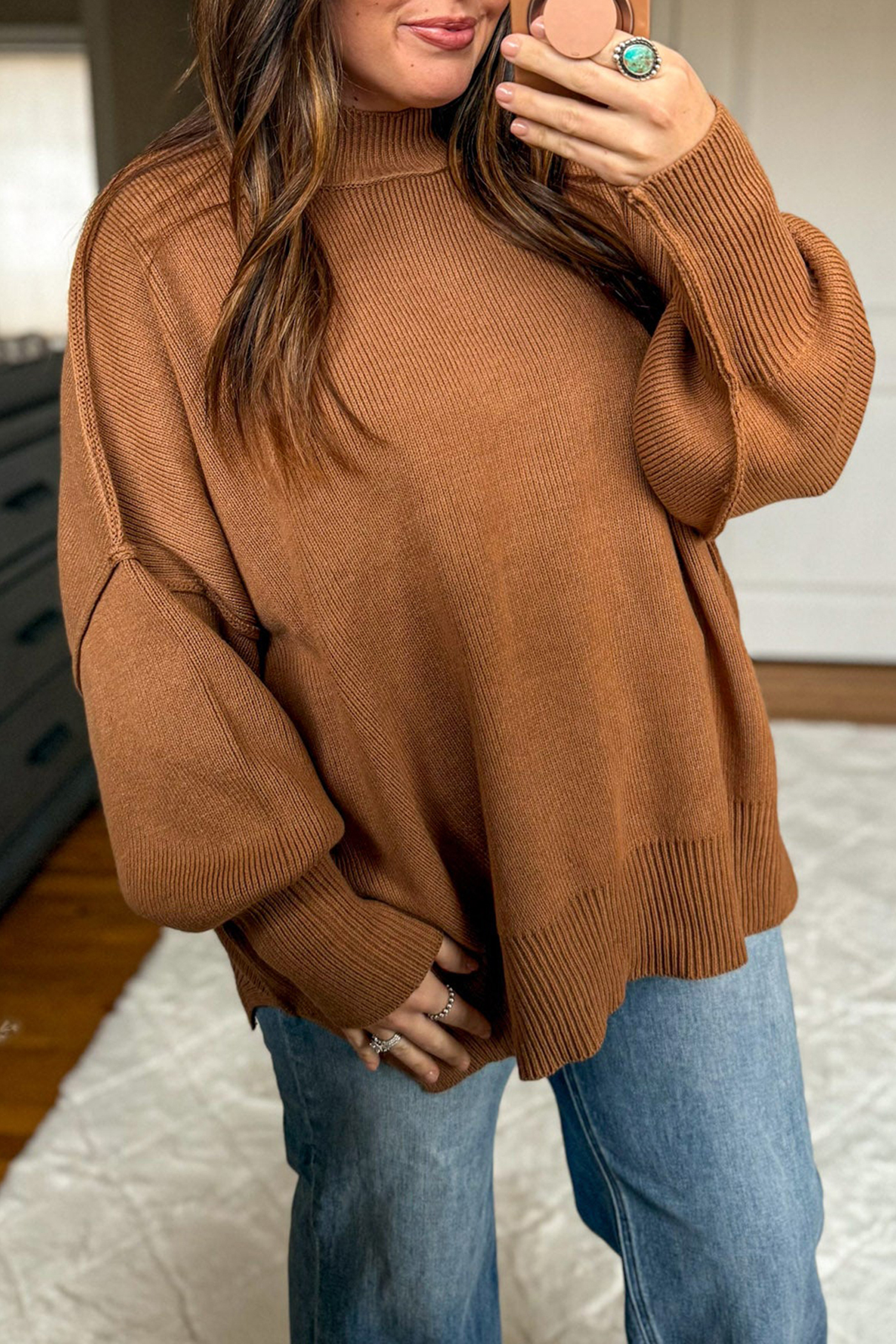 Oversized Mock Neck Sweater, Soft Autumn Casual Knitwear - Detail View 3 Oversized Mock Neck Sweater, Soft Autumn Casual Knitwear - Detail View 3