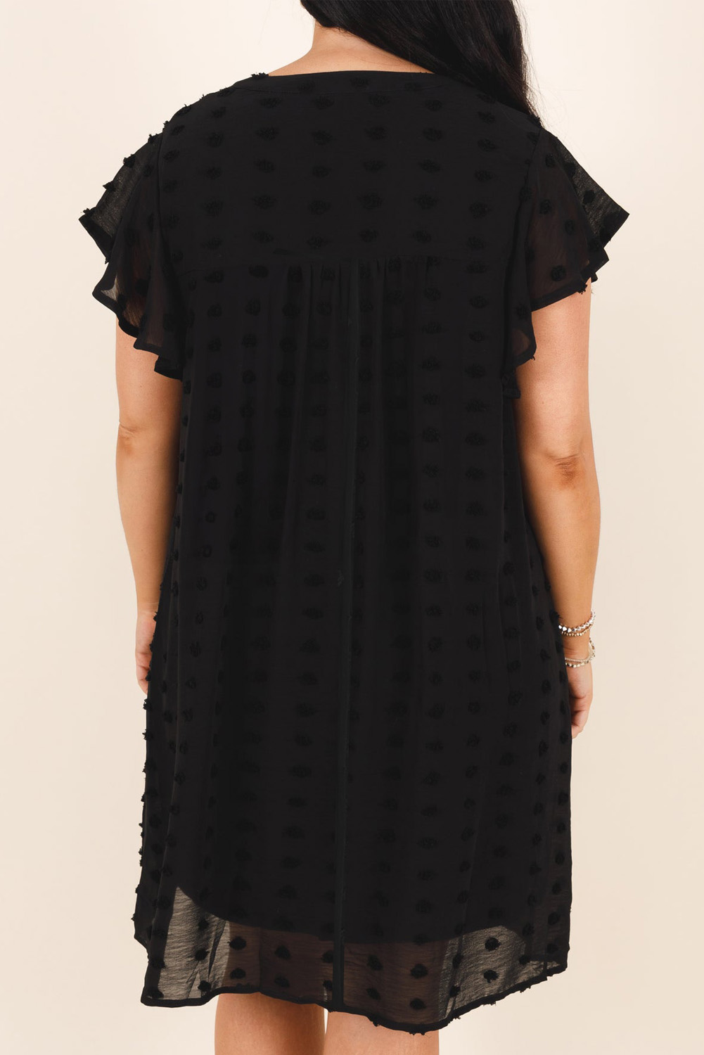 Feminine Plus Size Mini Dress - Black Polka Dot Texture and Ruffled Details - Detail View 2 Feminine Plus Size Mini Dress - Black Polka Dot Texture and Ruffled Details - Detail View 2