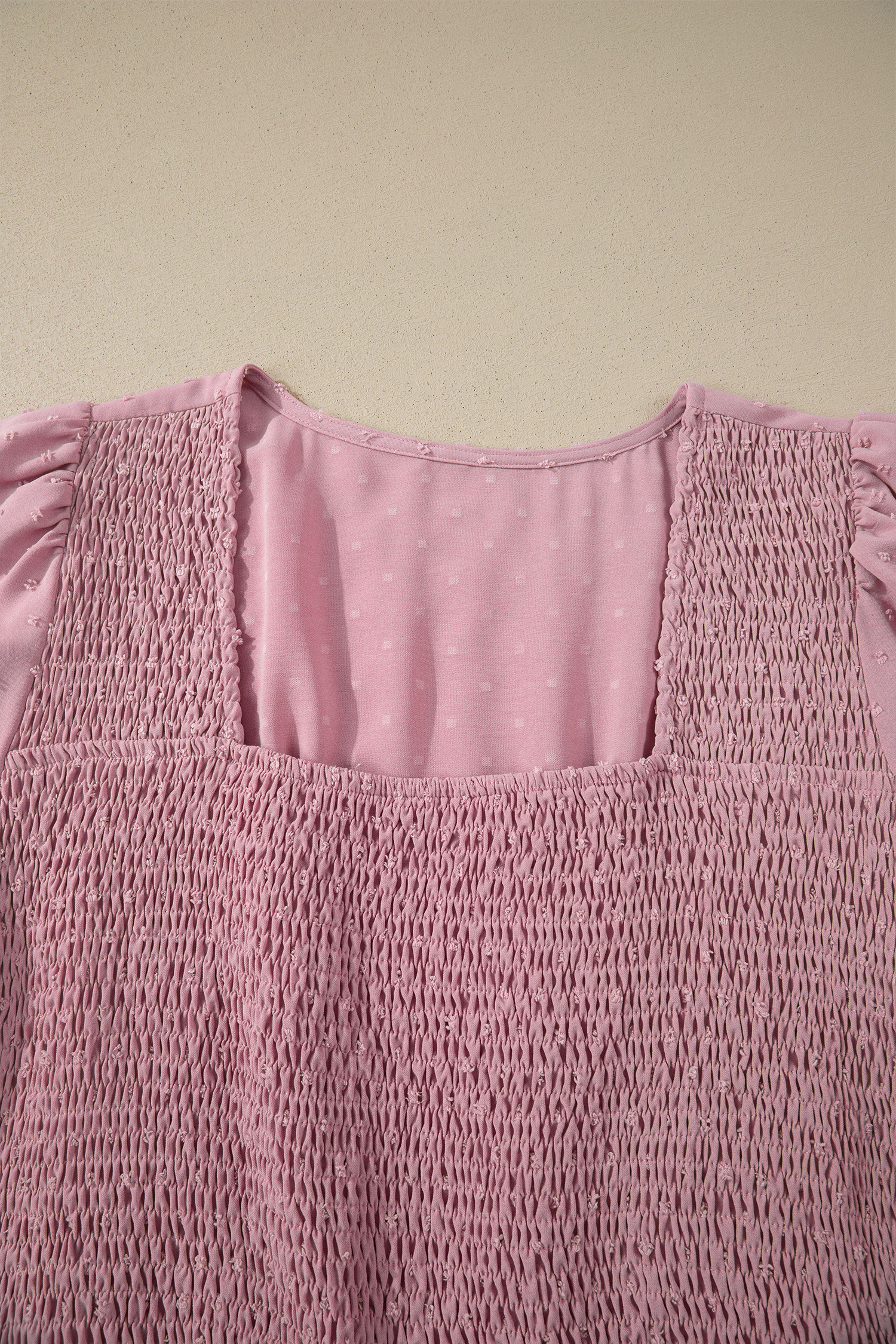 Women's Pink Swiss Dot Midi Dress – Smocked High Waist Flowy Summer Shift Dress - Detail View 7 Women's Pink Swiss Dot Midi Dress – Smocked High Waist Flowy Summer Shift Dress - Detail View 7