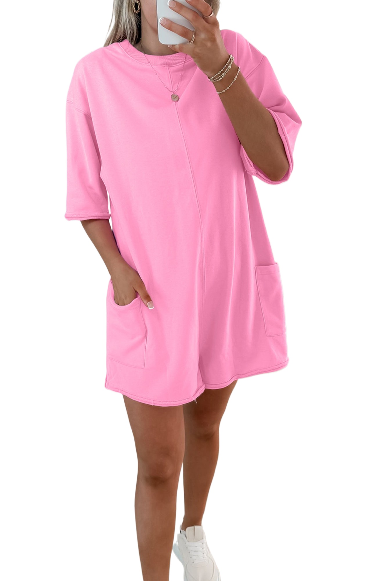 Women's Pink Solid Color Loose Romper – Casual Half Sleeve Design for Daily Comfort - Main View Women's Pink Solid Color Loose Romper – Casual Half Sleeve Design for Daily Comfort - Main View