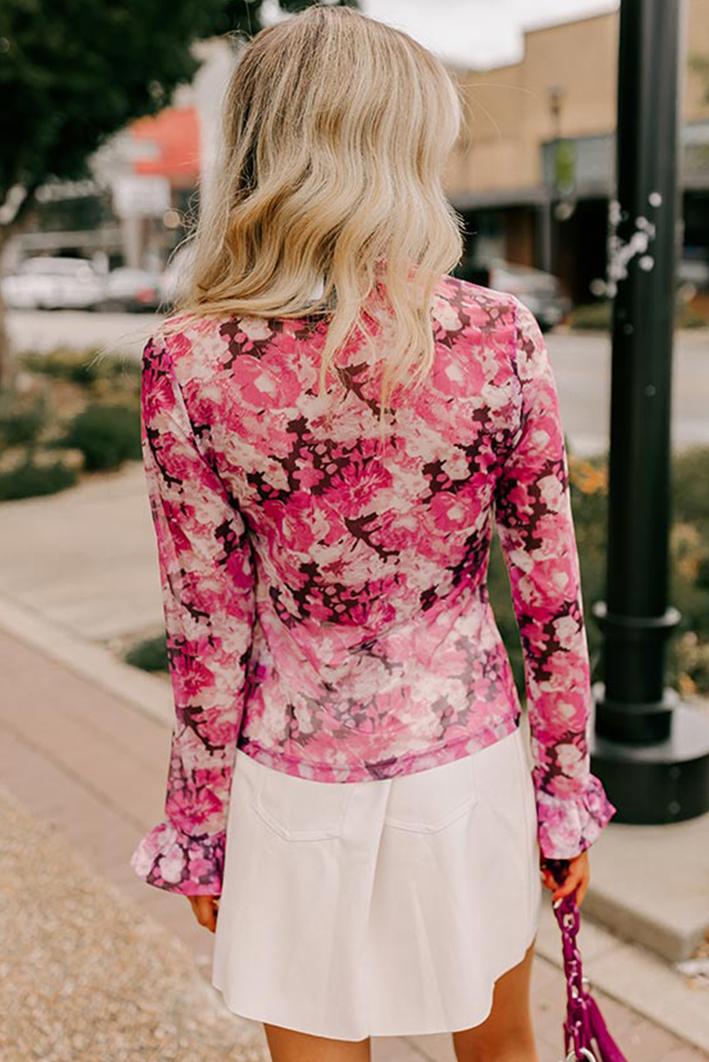 Women's Chic Mock Neck Blouse - Breathable Floral Mesh Design with Ruffle Sleeves - Detail View 2 Women's Chic Mock Neck Blouse - Breathable Floral Mesh Design with Ruffle Sleeves - Detail View 2