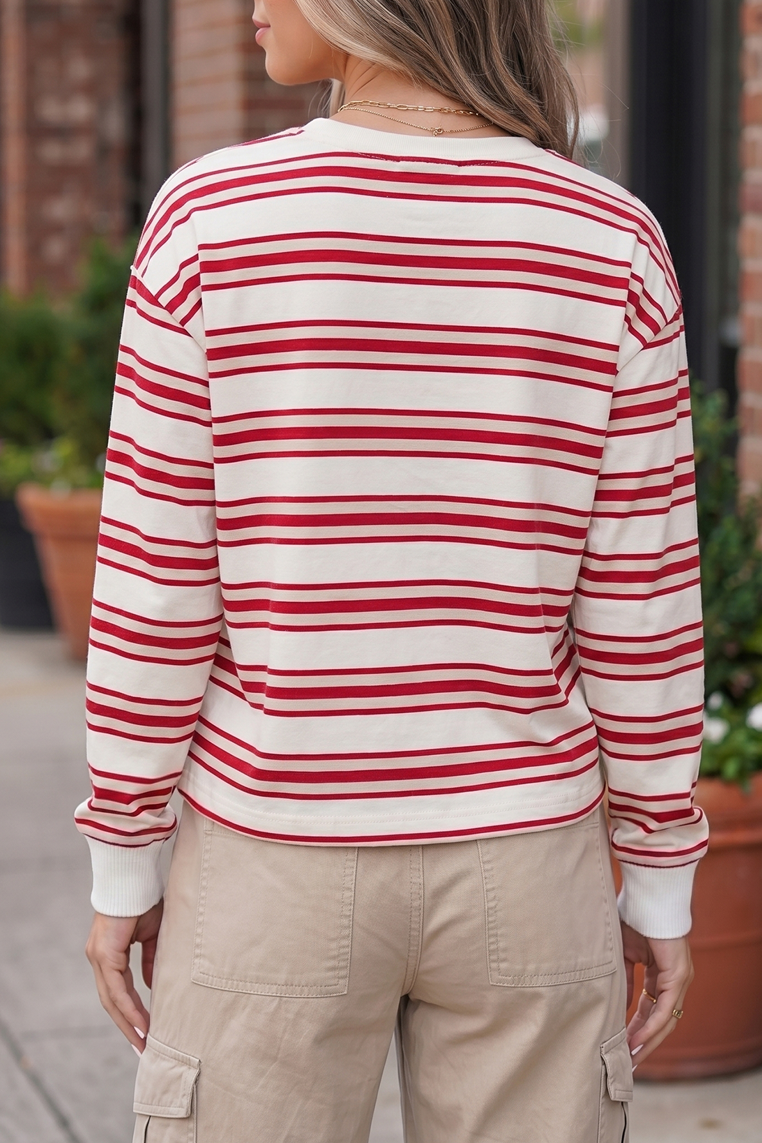 Casual Red Stripe Long Sleeve Top – Comfy Cotton Blend Shirt - Detail View 2 Casual Red Stripe Long Sleeve Top – Comfy Cotton Blend Shirt - Detail View 2