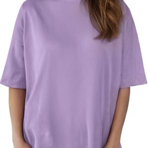 Women's Oversized High Neck Tee – Wisteria Solid Color Short Sleeve Casual Shift Top - Main View