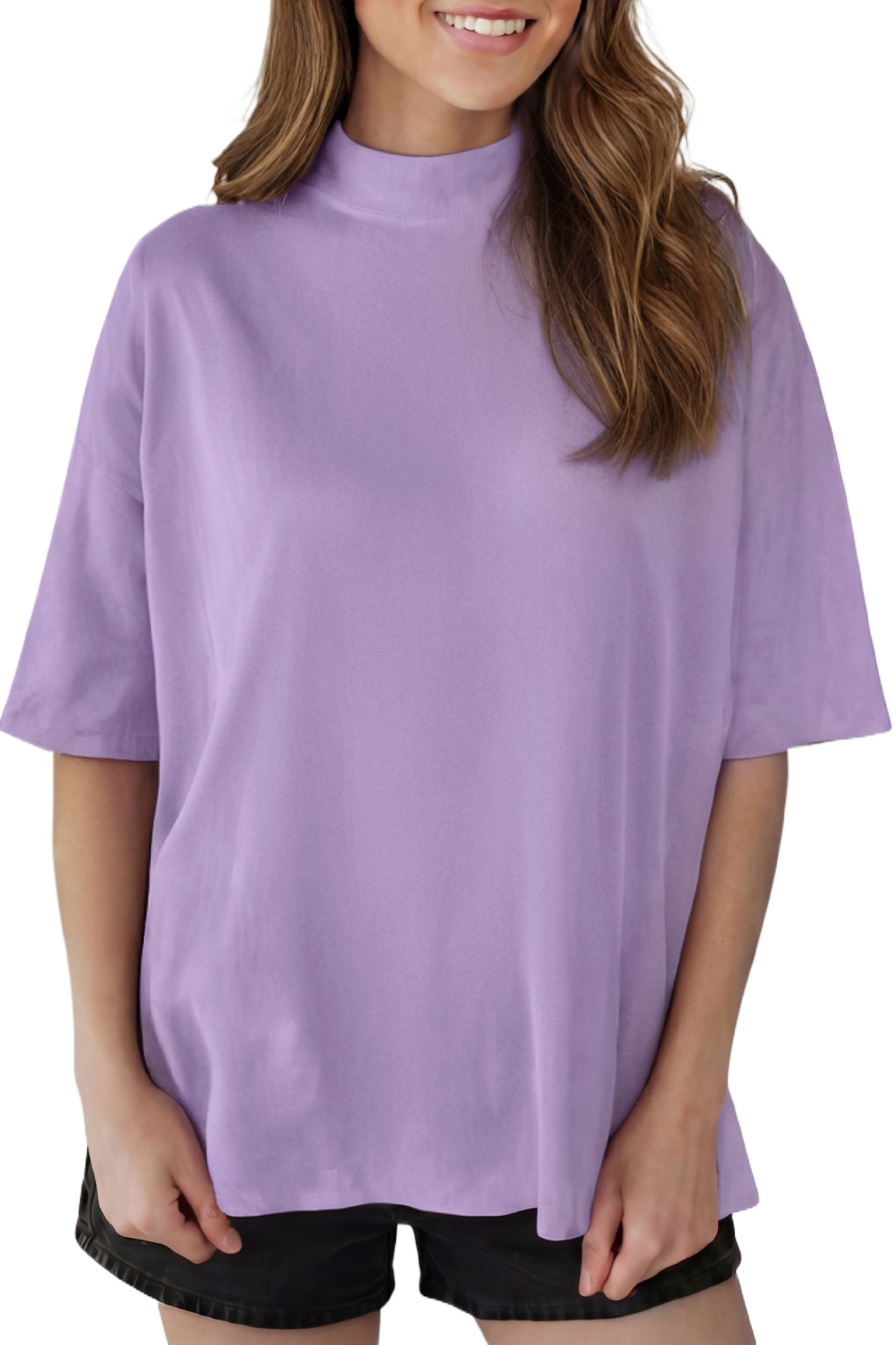 Women's Oversized High Neck Tee – Wisteria Solid Color Short Sleeve Casual Shift Top - Main View Women's Oversized High Neck Tee – Wisteria Solid Color Short Sleeve Casual Shift Top - Main View