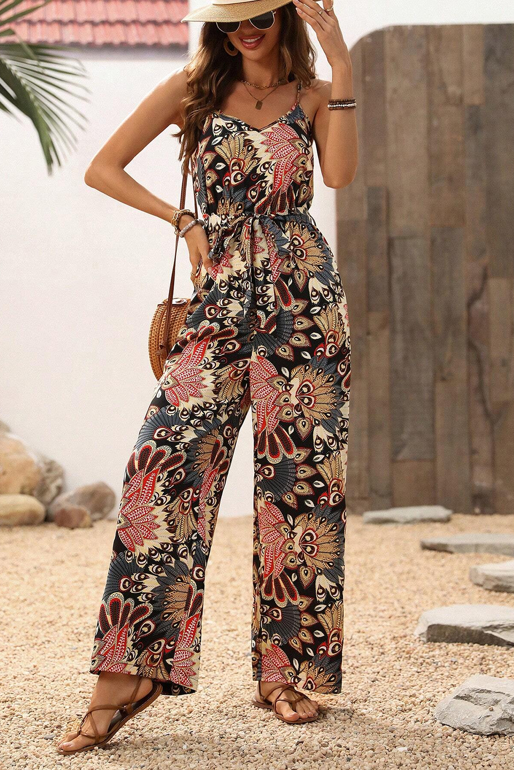 Women's Black Floral Print Belted Sleeveless Wide Leg Jumpsuit for Summer - Detail View 9 Women's Black Floral Print Belted Sleeveless Wide Leg Jumpsuit for Summer - Detail View 9