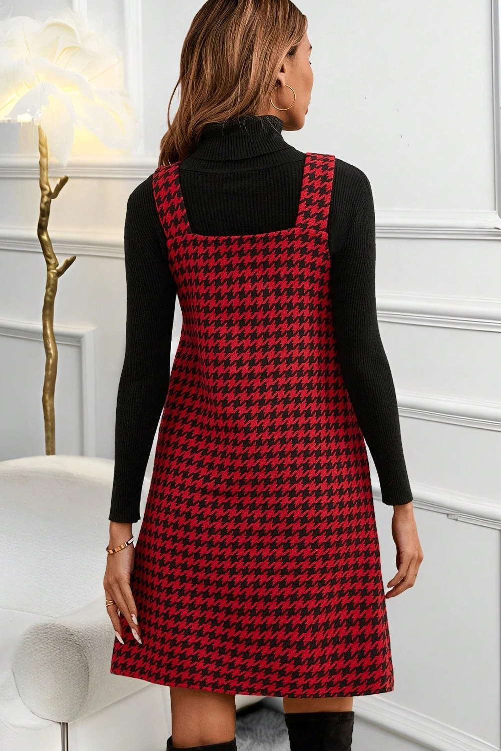 Casual Red Houndstooth Shift Dress for Women – Office and Back to School - Detail View 2 Casual Red Houndstooth Shift Dress for Women – Office and Back to School - Detail View 2