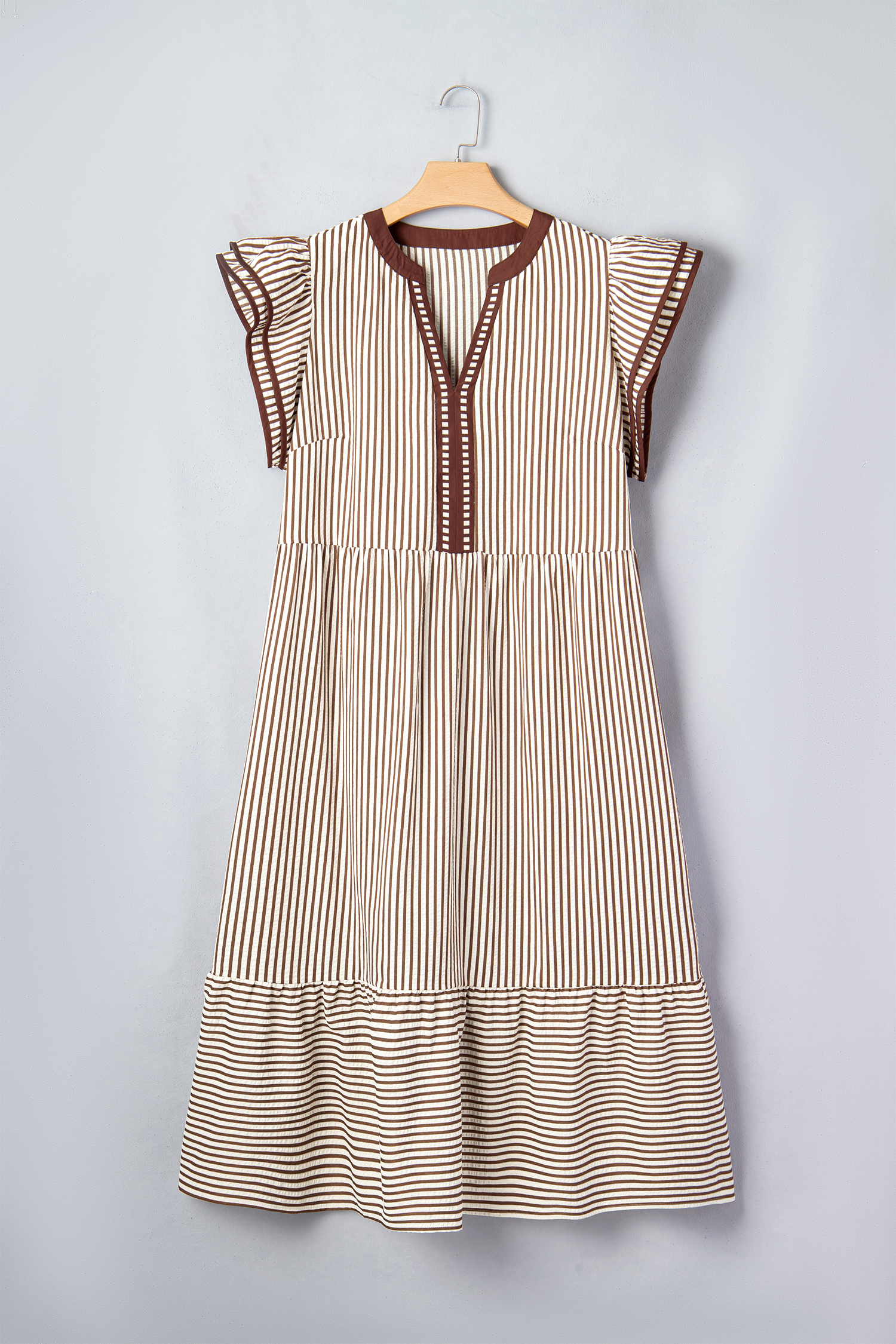 Women's Plus Size Brown Stripe Maxi Dress – Casual V Neck Tiered Flutter Sleeve Shift Dress - Detail View 7 Women's Plus Size Brown Stripe Maxi Dress – Casual V Neck Tiered Flutter Sleeve Shift Dress - Detail View 7