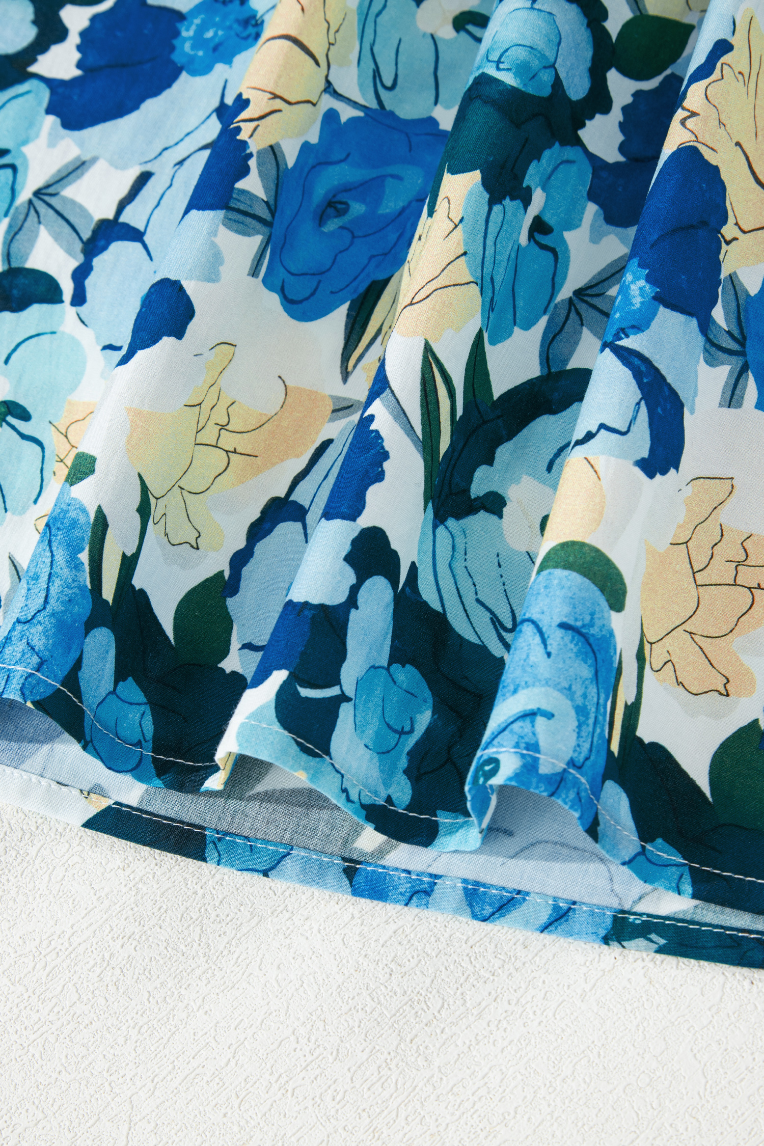 Summer-Ready Women's V Neck Blouse – Sky Blue Floral Print with Short Puff Sleeves - Detail View 6 Summer-Ready Women's V Neck Blouse – Sky Blue Floral Print with Short Puff Sleeves - Detail View 6