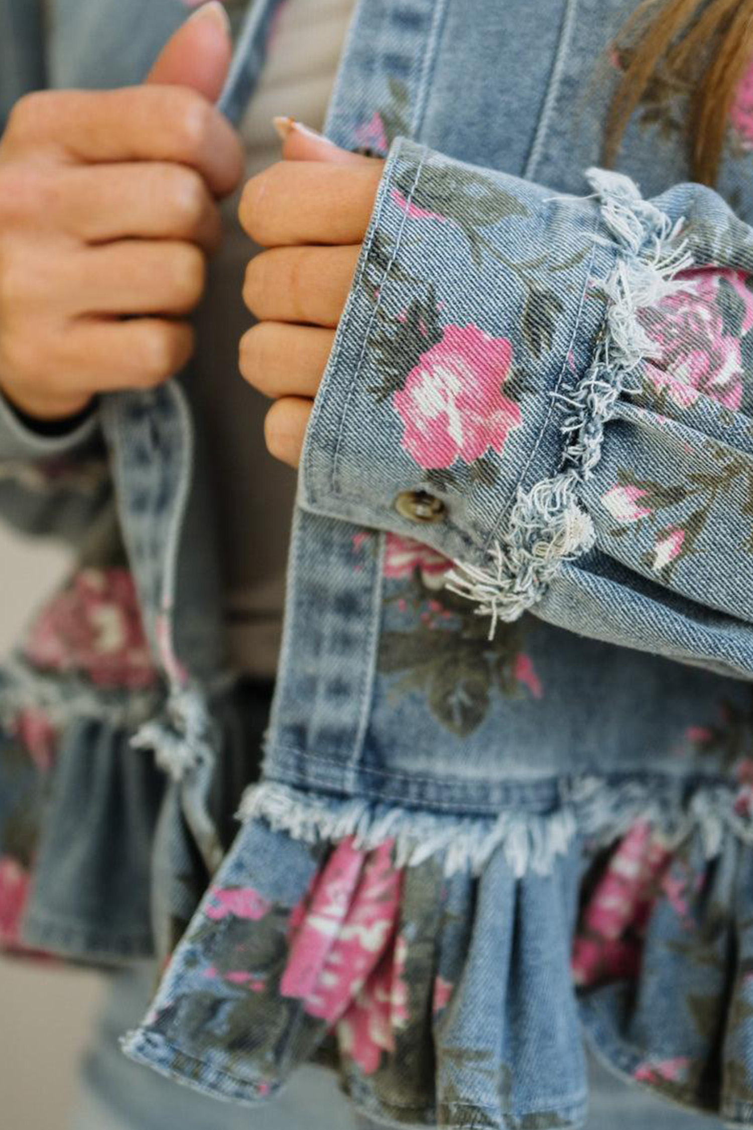Sky Blue Floral Jean Jacket, Button Down Raw Seam Outwear - Detail View 11 Sky Blue Floral Jean Jacket, Button Down Raw Seam Outwear - Detail View 11