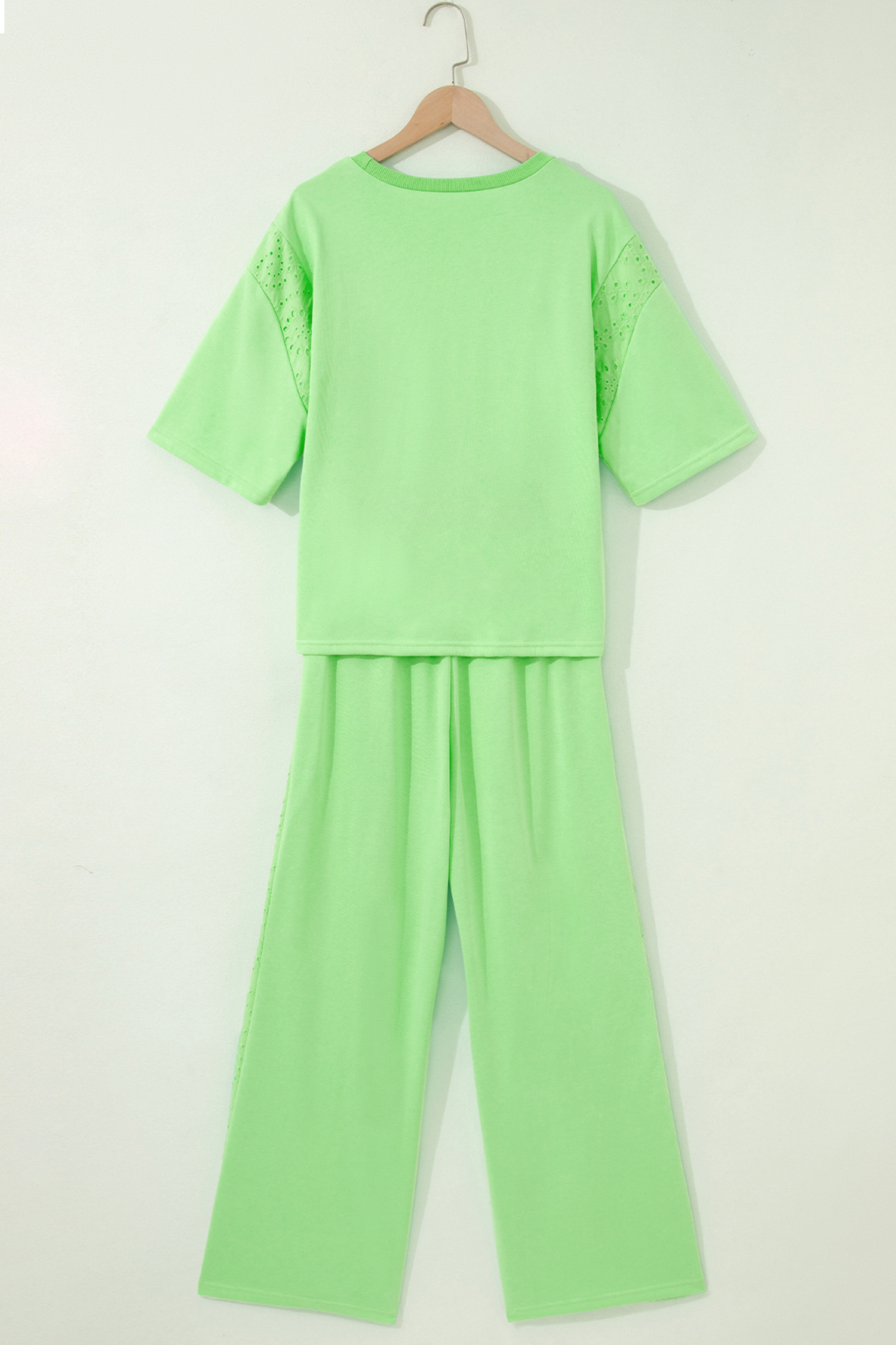 Casual Women's Summer Lounge Set – High Waist Wide Leg Pants with Lace Detail Top - Detail View 5 Casual Women's Summer Lounge Set – High Waist Wide Leg Pants with Lace Detail Top - Detail View 5