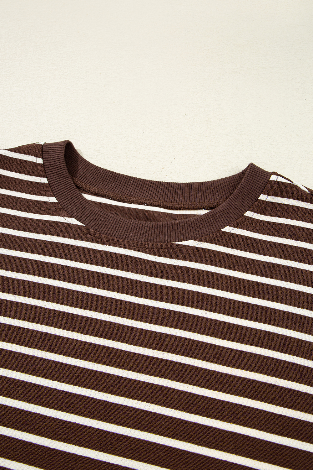 Women's Brown Stripe Ribbed Cropped Crew Neck Long Sleeve T-Shirt - Detail View 9 Women's Brown Stripe Ribbed Cropped Crew Neck Long Sleeve T-Shirt - Detail View 9