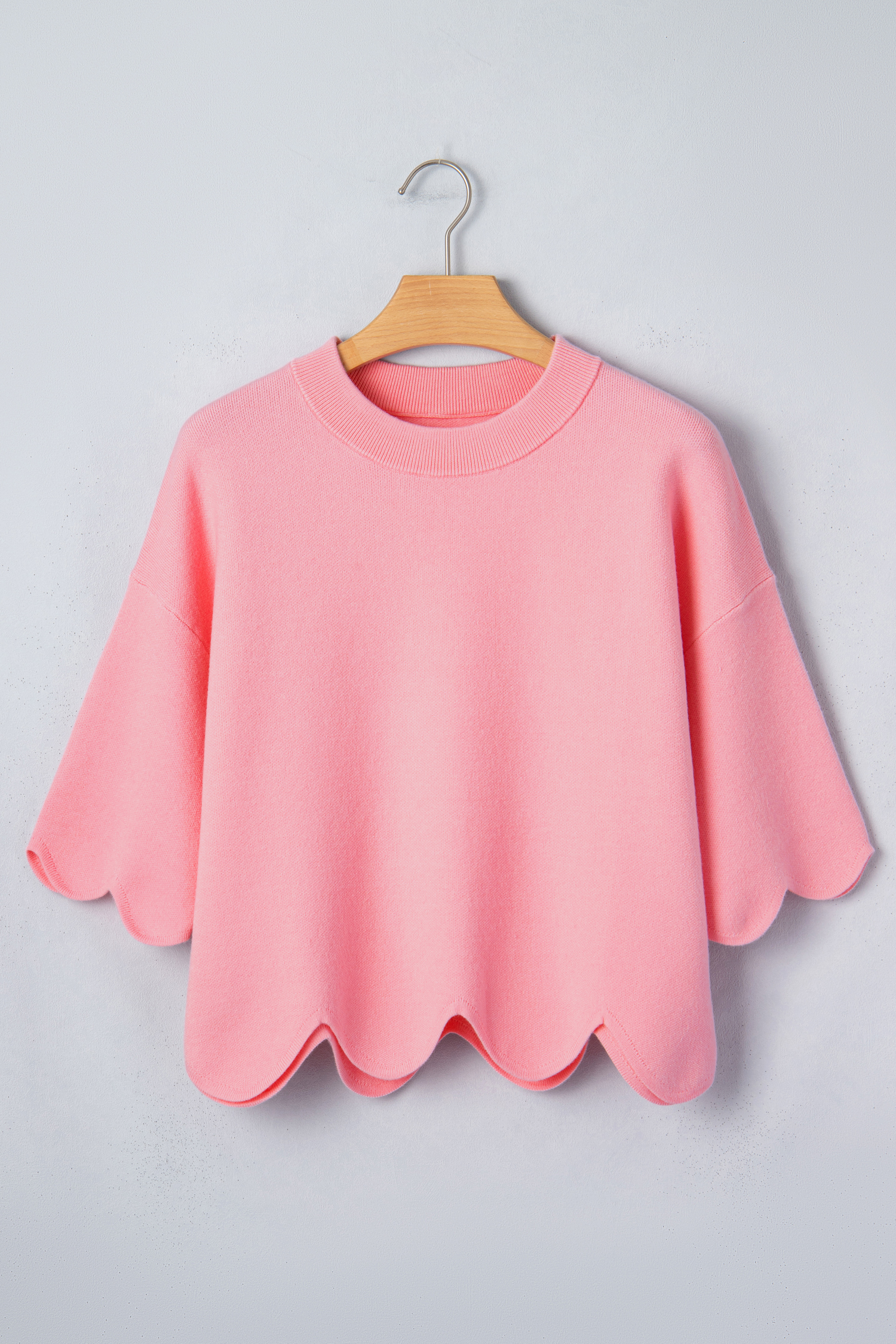 Casual Pink Summer Knit Sweater – Women's Half Sleeve Top with Scalloped Hem, Lightweight Shift Silhouette - Detail View 5 Casual Pink Summer Knit Sweater – Women's Half Sleeve Top with Scalloped Hem, Lightweight Shift Silhouette - Detail View 5