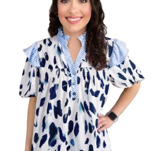 Women's Beige Abstract Print Blouse – Ruffle Trim V Neck Short Sleeve Top for Daily Wear - Main View