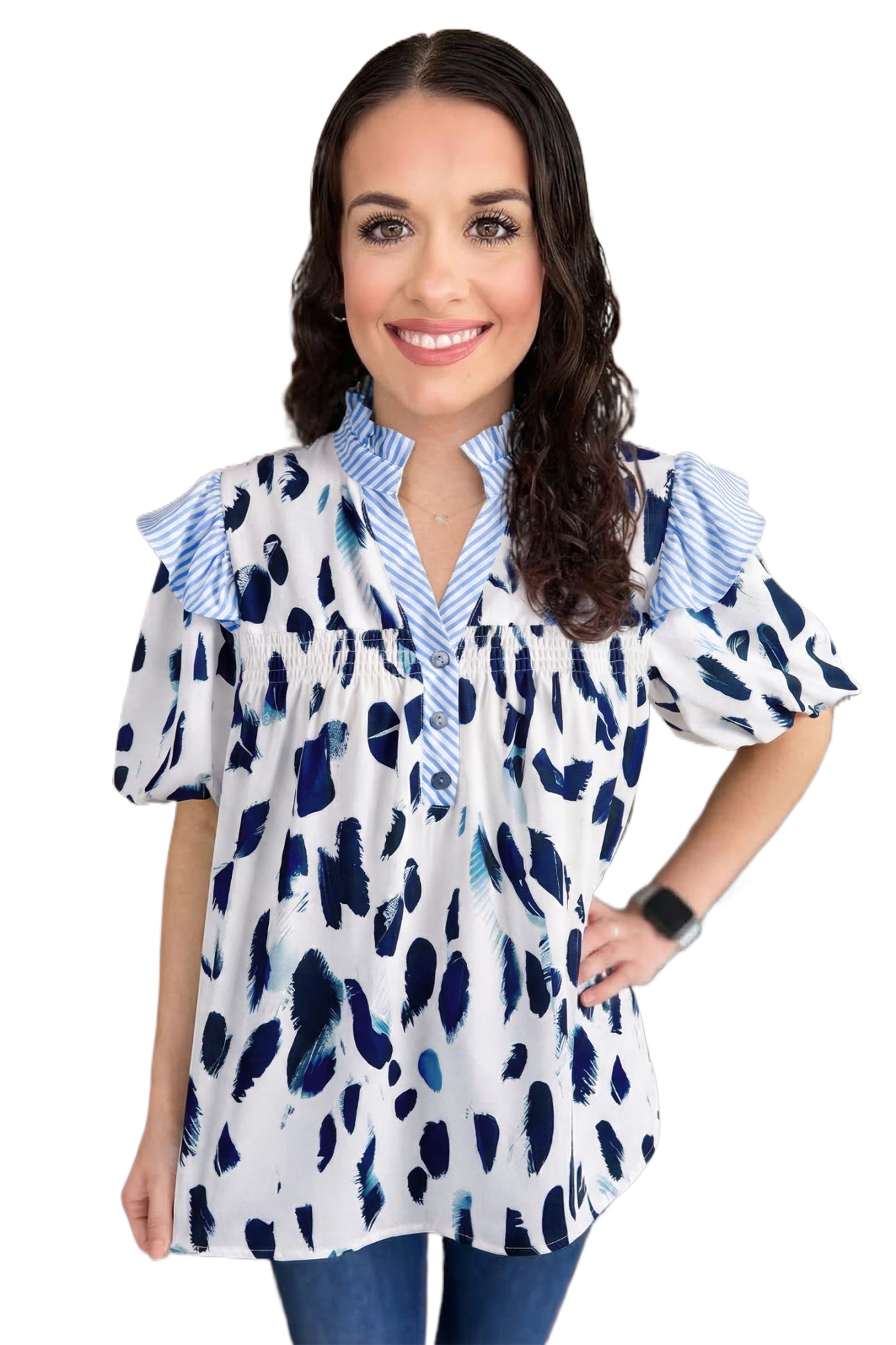 Women's Beige Abstract Print Blouse – Ruffle Trim V Neck Short Sleeve Top for Daily Wear - Main View Women's Beige Abstract Print Blouse – Ruffle Trim V Neck Short Sleeve Top for Daily Wear - Main View