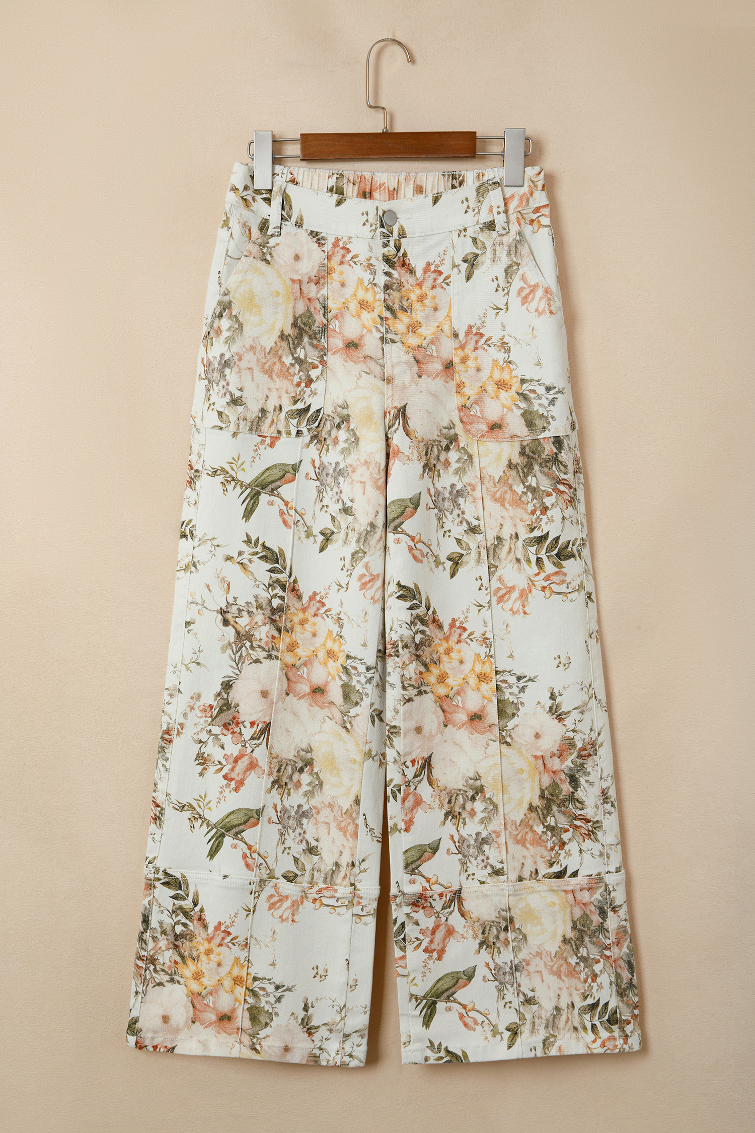 Women's High Waist Floral Denim Jeans – Vintage Beige Wide Leg Trousers, Stylish Gift for Fashionable Adults - Detail View 3 Women's High Waist Floral Denim Jeans – Vintage Beige Wide Leg Trousers, Stylish Gift for Fashionable Adults - Detail View 3