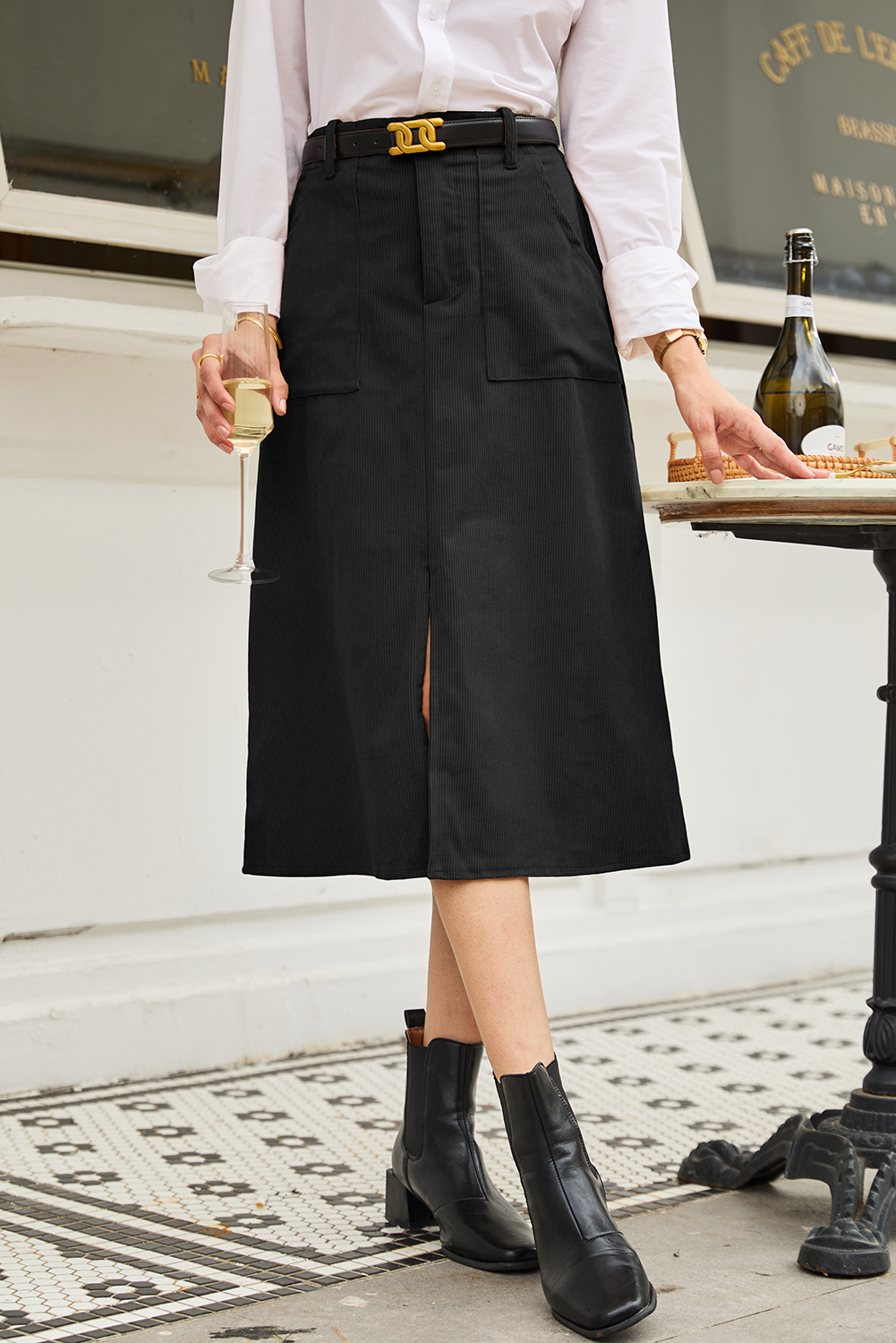 Chic Black Midi Skirt with Front Slit – High Waist Casual Design for Modern Women - Detail View 11 Chic Black Midi Skirt with Front Slit – High Waist Casual Design for Modern Women - Detail View 11