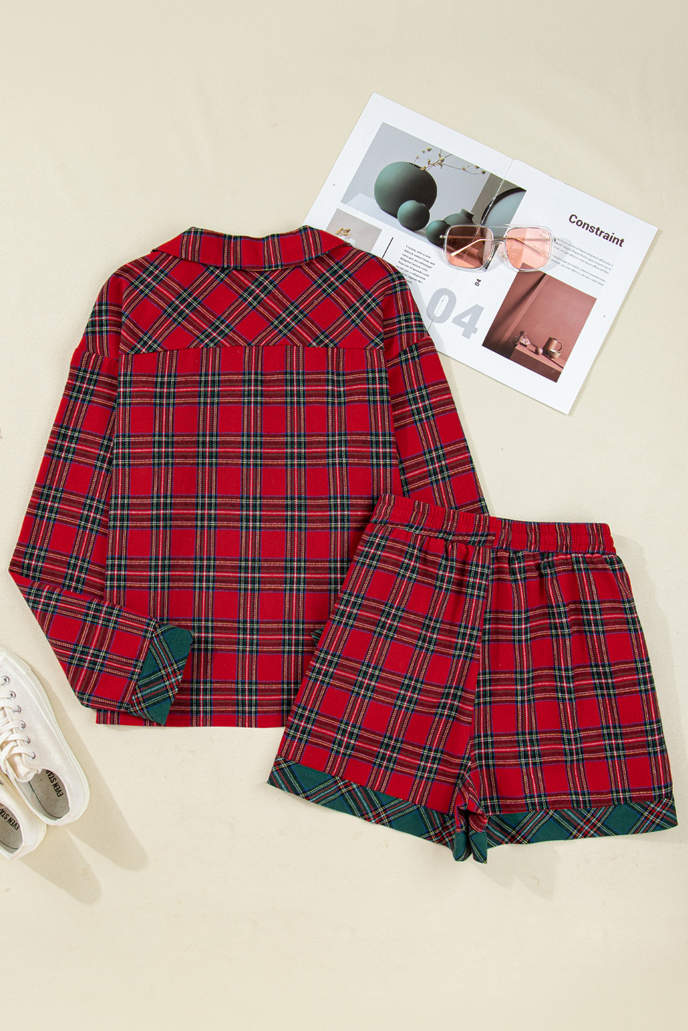 Women’s Christmas Plaid Pajama Set – Stylish Long Sleeve Shirt & Shorts for Holiday Comfort - Detail View 6 Women’s Christmas Plaid Pajama Set – Stylish Long Sleeve Shirt & Shorts for Holiday Comfort - Detail View 6