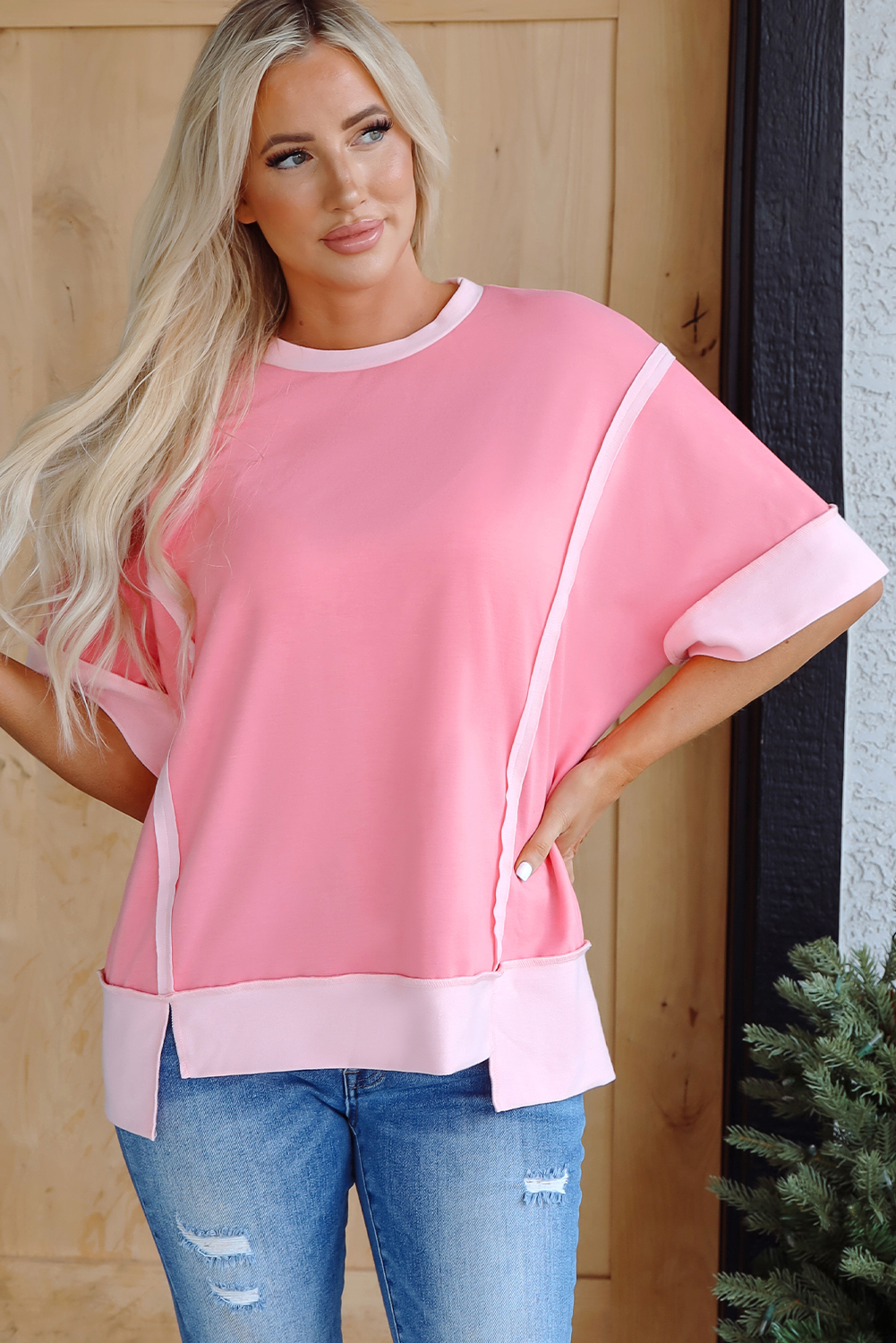 Women's Top, Peach Blossom, Half Sleeve, Raw Seam, High Low, Side Split, Casual Style, Solid Color, Summer Wear, Trendy, Shift Silhouette, Round Neck, Effortless Chic, Daily Wear, Tops & Tees - Detail View 4 Women's Top, Peach Blossom, Half Sleeve, Raw Seam, High Low, Side Split, Casual Style, Solid Color, Summer Wear, Trendy, Shift Silhouette, Round Neck, Effortless Chic, Daily Wear, Tops & Tees - Detail View 4