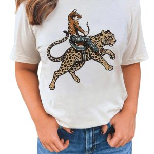 Women's Cowboy Graphic Tee, Casual White Short Sleeve Top - Main View
