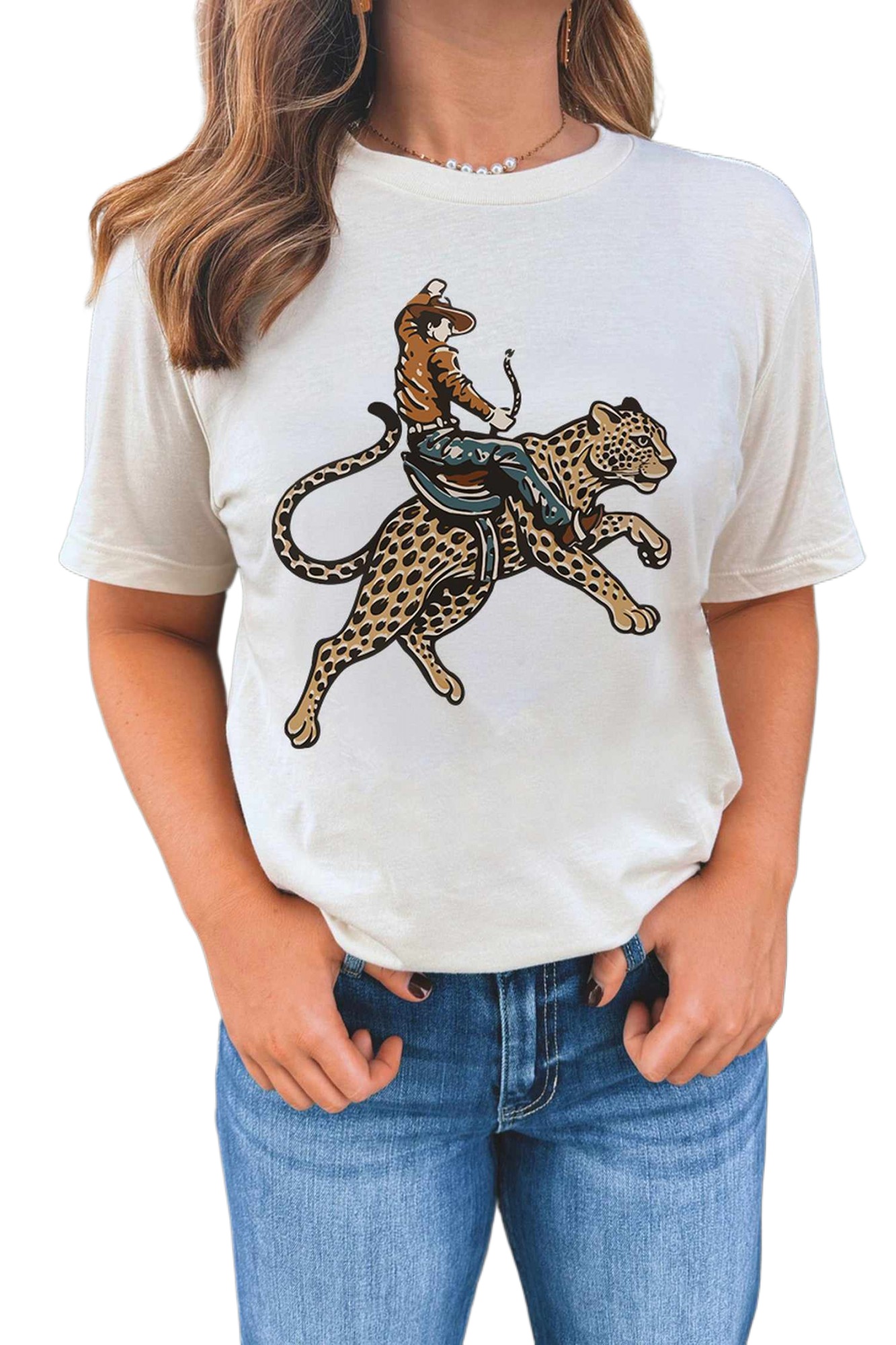 Women's Cowboy Graphic Tee, Casual White Short Sleeve Top - Main View Women's Cowboy Graphic Tee, Casual White Short Sleeve Top - Main View