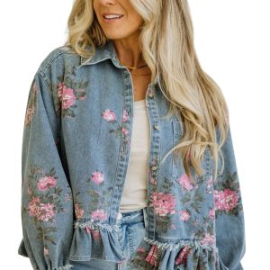 Women's Floral Denim Jacket, Casual Long Sleeve Ruffle Hem - Main View