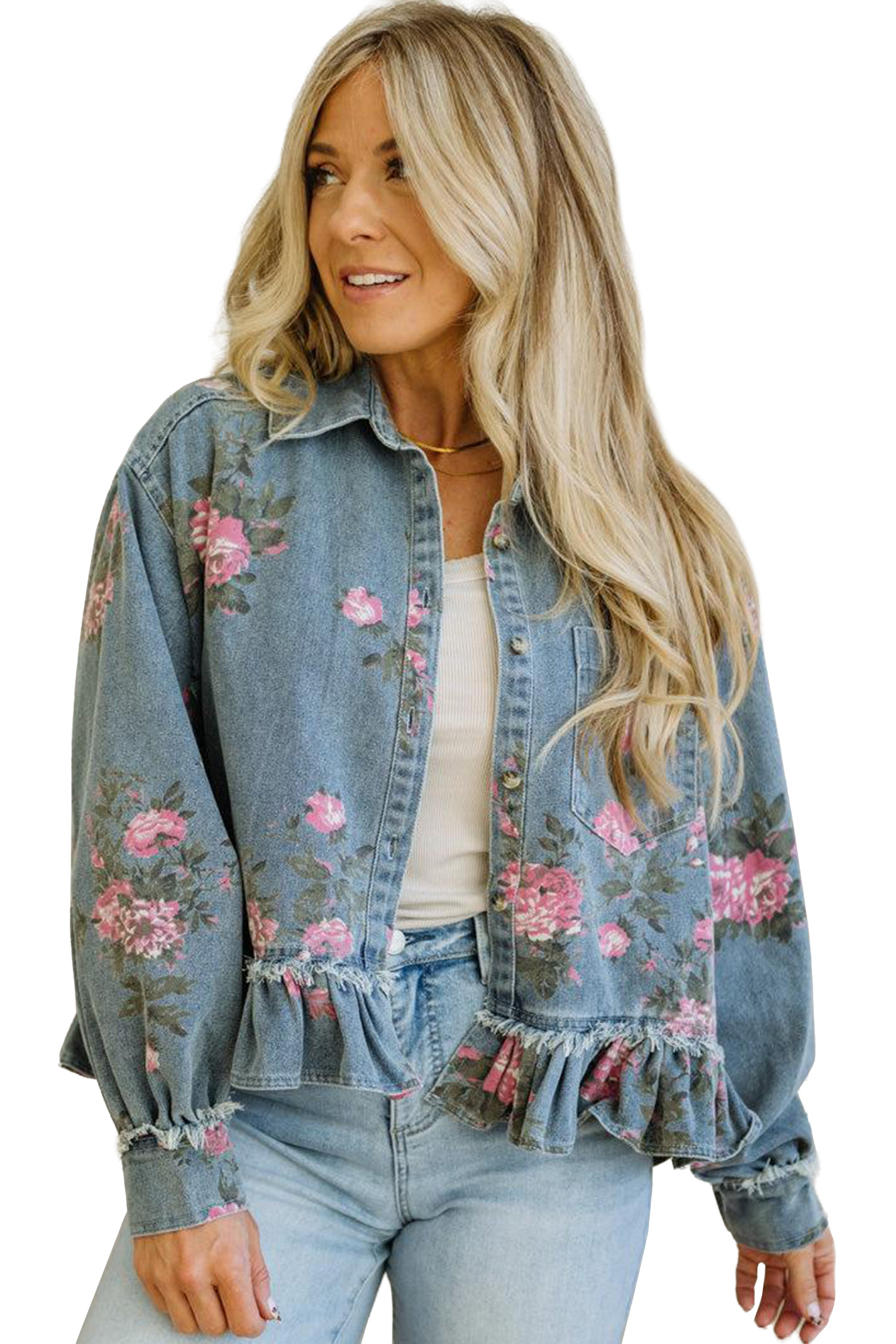 Women's Floral Denim Jacket, Casual Long Sleeve Ruffle Hem - Main View Women's Floral Denim Jacket, Casual Long Sleeve Ruffle Hem - Main View