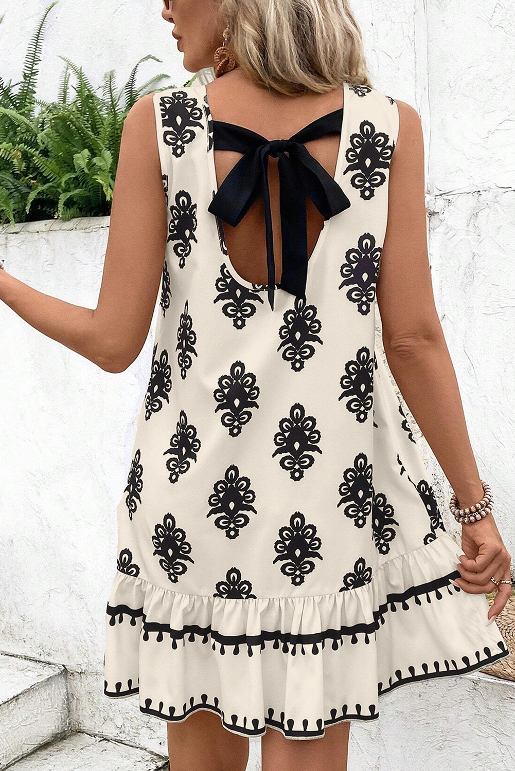 Women's Geometric Print Mini Dress, Sleeveless Boho Vacation - Detail View 16 Women's Geometric Print Mini Dress, Sleeveless Boho Vacation - Detail View 16