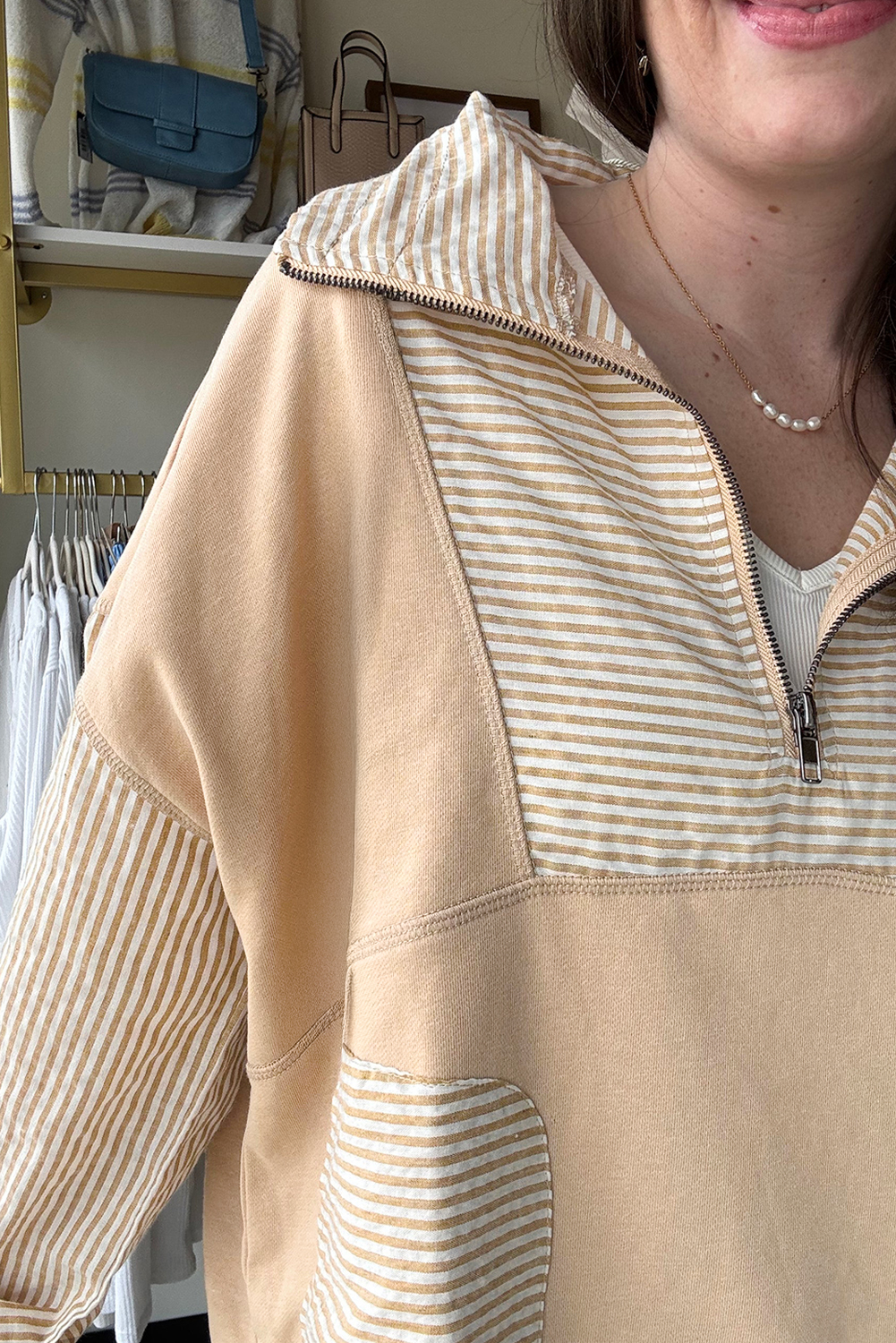 Women's Smoke Gray Quarter Zip Striped Patchwork Drop Shoulder Long Sleeve Top - Detail View 5 Women's Smoke Gray Quarter Zip Striped Patchwork Drop Shoulder Long Sleeve Top - Detail View 5