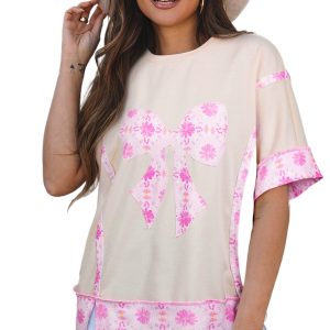 Women's Apricot Daisy Floral Bow T-Shirt – Casual Patchwork Loose Short Sleeve Top - Main View