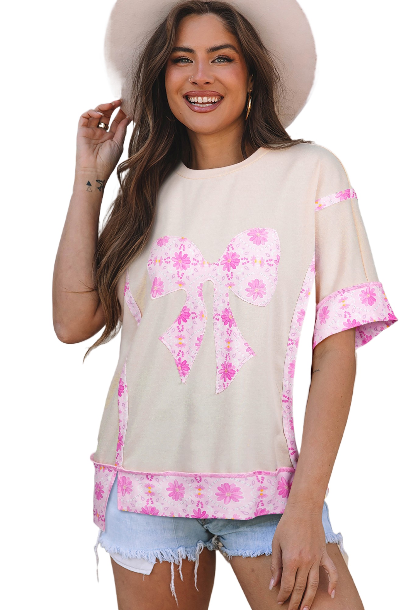 Women's Apricot Daisy Floral Bow T-Shirt – Casual Patchwork Loose Short Sleeve Top - Main View Women's Apricot Daisy Floral Bow T-Shirt – Casual Patchwork Loose Short Sleeve Top - Main View