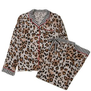 Women's Khaki Leopard Print Long Pajama Set – Cozy Home Lounge Wear for Fall - Main View