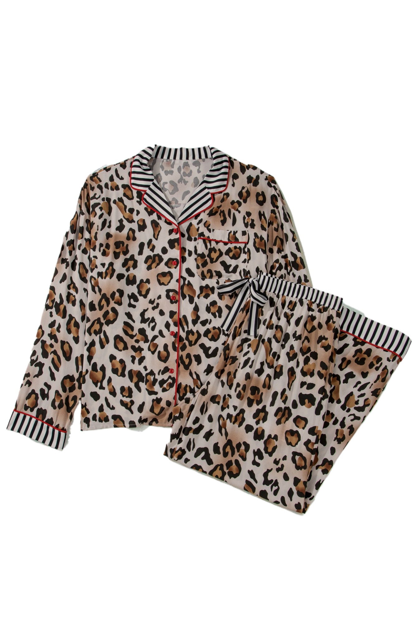 Women's Khaki Leopard Print Long Pajama Set – Cozy Home Lounge Wear for Fall - Main View Women's Khaki Leopard Print Long Pajama Set – Cozy Home Lounge Wear for Fall - Main View