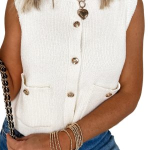 Women's Sleeveless Knit Sweater – White Round Neck Button-Down Vest with Pockets - Main View
