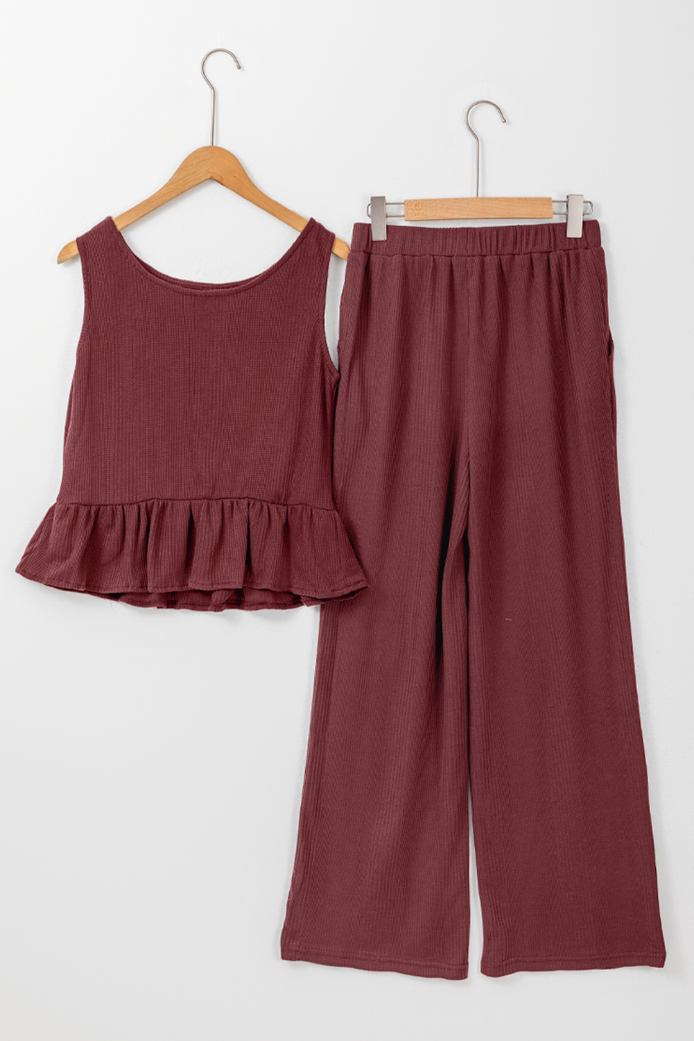 Women's Two Piece Set, Red Dahlia, Ribbed Texture, Ruffle Tank Top, High Waist Pants, Casual Wear, Daily Outfit, Sleeveless Top, Wide Leg Pants, Solid Color, Summer Fashion, Comfortable Loungewear, Easy Layering, Feminine Style - Detail View 8 Women's Two Piece Set, Red Dahlia, Ribbed Texture, Ruffle Tank Top, High Waist Pants, Casual Wear, Daily Outfit, Sleeveless Top, Wide Leg Pants, Solid Color, Summer Fashion, Comfortable Loungewear, Easy Layering, Feminine Style - Detail View 8