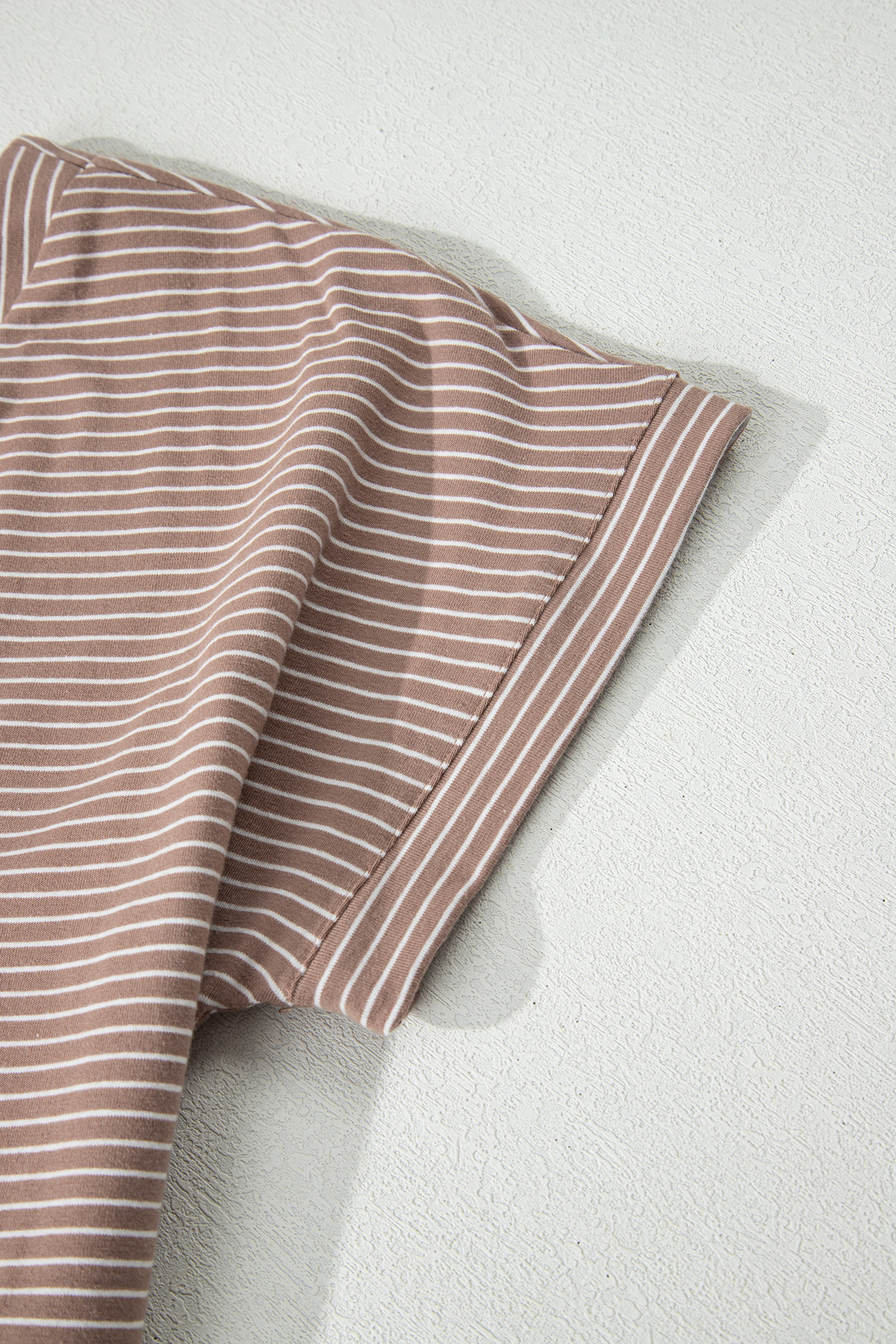 Women's Khaki Stripe V Neck T-Shirt – Casual High Low Tee with Side Slit for Daily Wear - Detail View 10 Women's Khaki Stripe V Neck T-Shirt – Casual High Low Tee with Side Slit for Daily Wear - Detail View 10