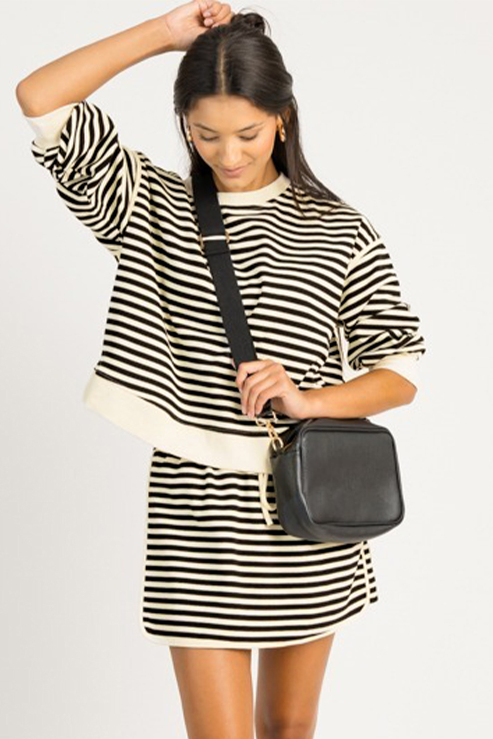 Casual Black Striped Two-Piece Dress Set for Women – Drop Shoulder & Drawstring - Detail View 8 Casual Black Striped Two-Piece Dress Set for Women – Drop Shoulder & Drawstring - Detail View 8