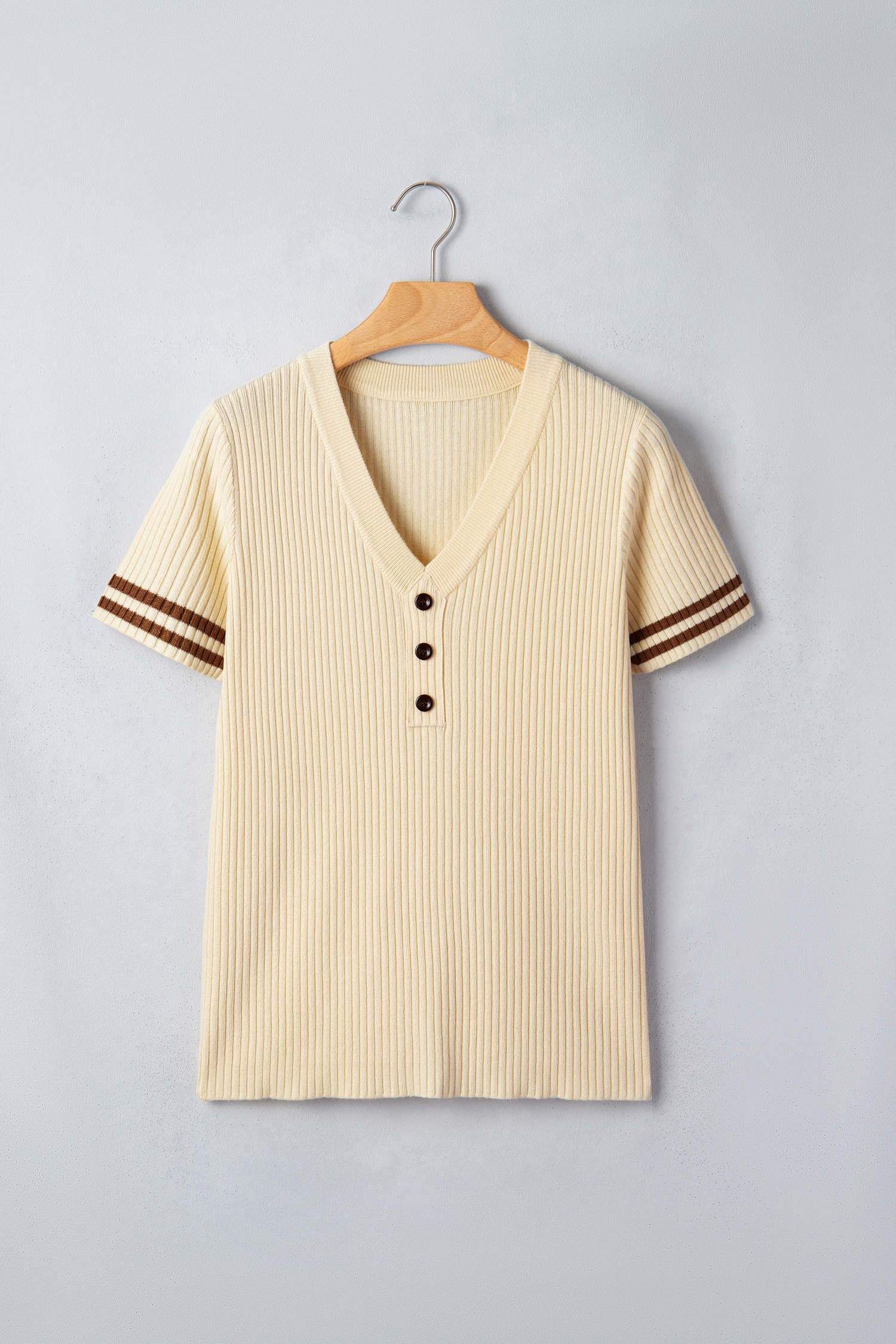 Casual Summer Knit Sweater for Women – Soft Ribbed V-Neck Pullover with Striped Trim and Button Front - Detail View 2 Casual Summer Knit Sweater for Women – Soft Ribbed V-Neck Pullover with Striped Trim and Button Front - Detail View 2
