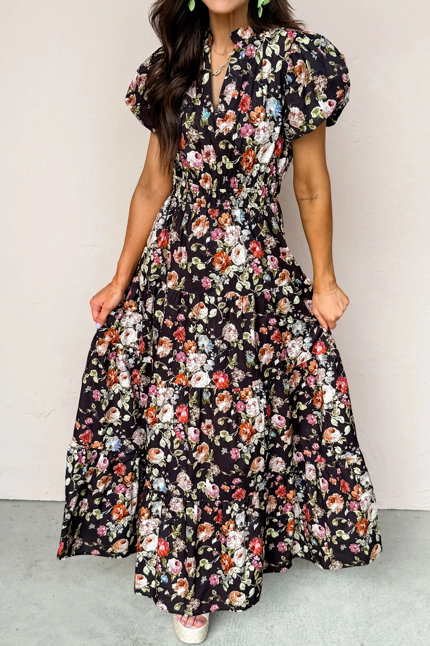 Casual Black Floral Maxi Dress for Women – High Waist Pleated Tiered Dress with Pockets - Detail View 5 Casual Black Floral Maxi Dress for Women – High Waist Pleated Tiered Dress with Pockets - Detail View 5