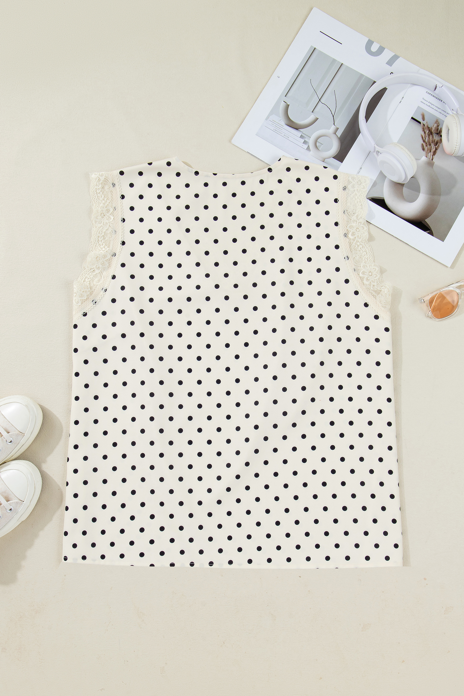 Chic Apricot Polka Dot Print Top for Women – V Neck Sleeveless Design Perfect for Night Out - Detail View 5 Chic Apricot Polka Dot Print Top for Women – V Neck Sleeveless Design Perfect for Night Out - Detail View 5