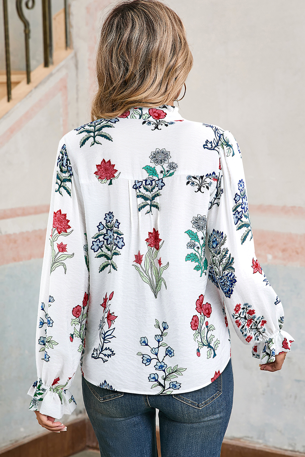 Chic and Comfortable Long Sleeve Shirt with Ruffled Collar - Floral Print Design - Detail View 2 Chic and Comfortable Long Sleeve Shirt with Ruffled Collar - Floral Print Design - Detail View 2