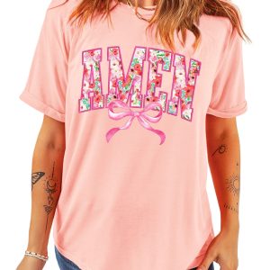 Women's Pink Floral AMEN Bow Graphic Crewneck T-Shirt for Casual Summer Wear - Main View