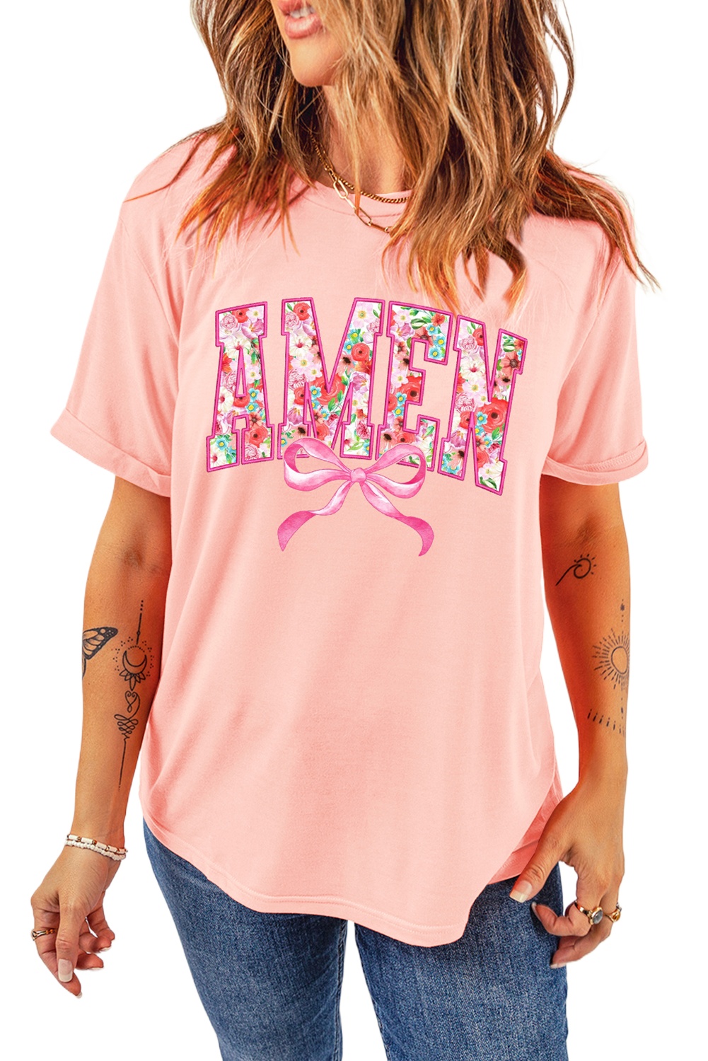 Women's Pink Floral AMEN Bow Graphic Crewneck T-Shirt for Casual Summer Wear - Main View Women's Pink Floral AMEN Bow Graphic Crewneck T-Shirt for Casual Summer Wear - Main View