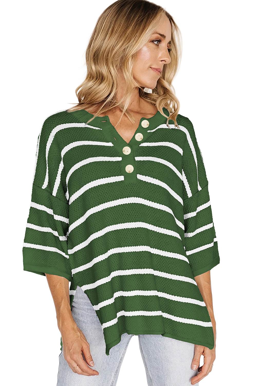 Chic Casual Green Striped Sweater Tee - Three Quarter Sleeve & Side Slits - Detail View 14 Chic Casual Green Striped Sweater Tee - Three Quarter Sleeve & Side Slits - Detail View 14