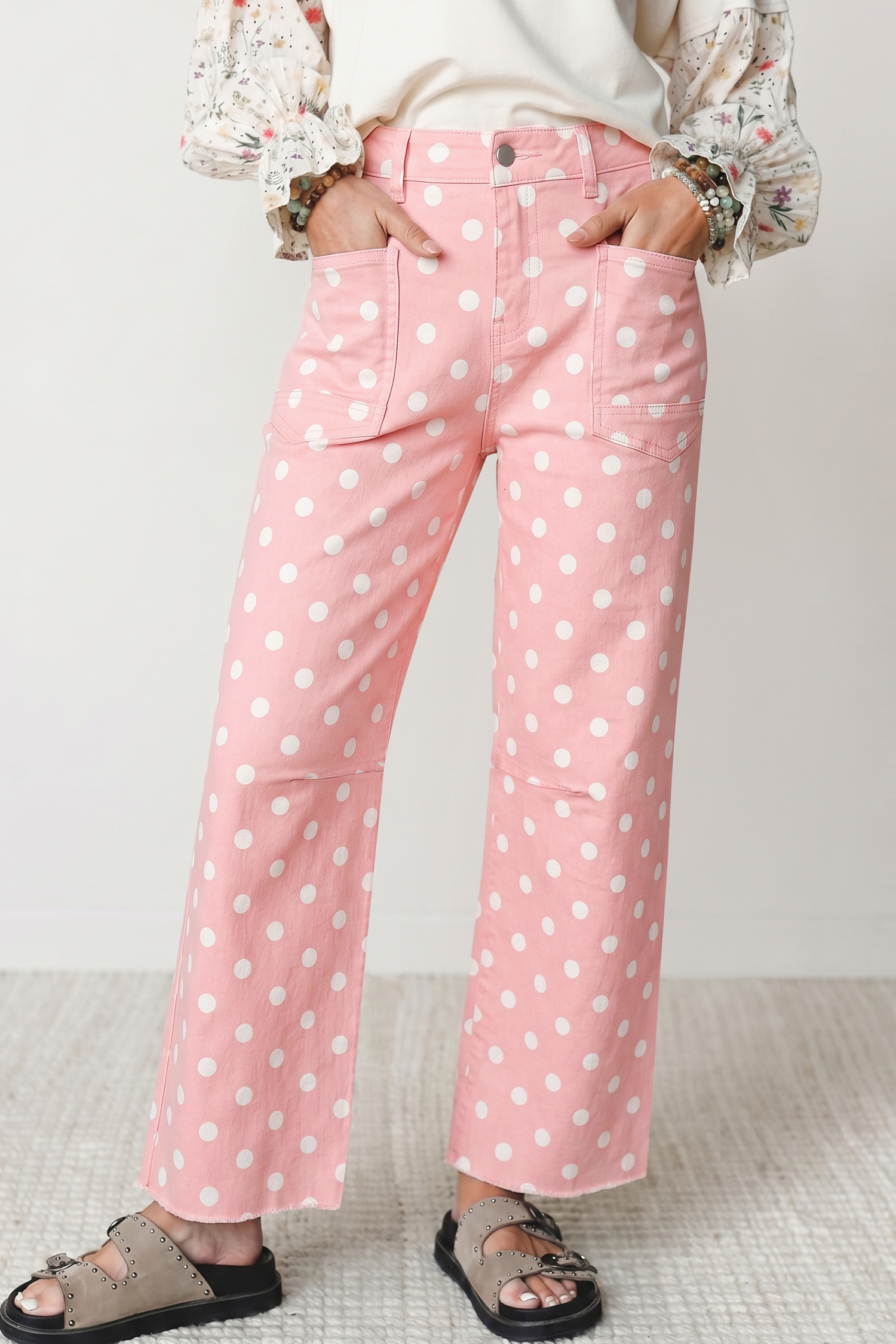 Casual Polka Dot Denim Jeans, Women's High Waist Pink Denim - Detail View 3 Casual Polka Dot Denim Jeans, Women's High Waist Pink Denim - Detail View 3