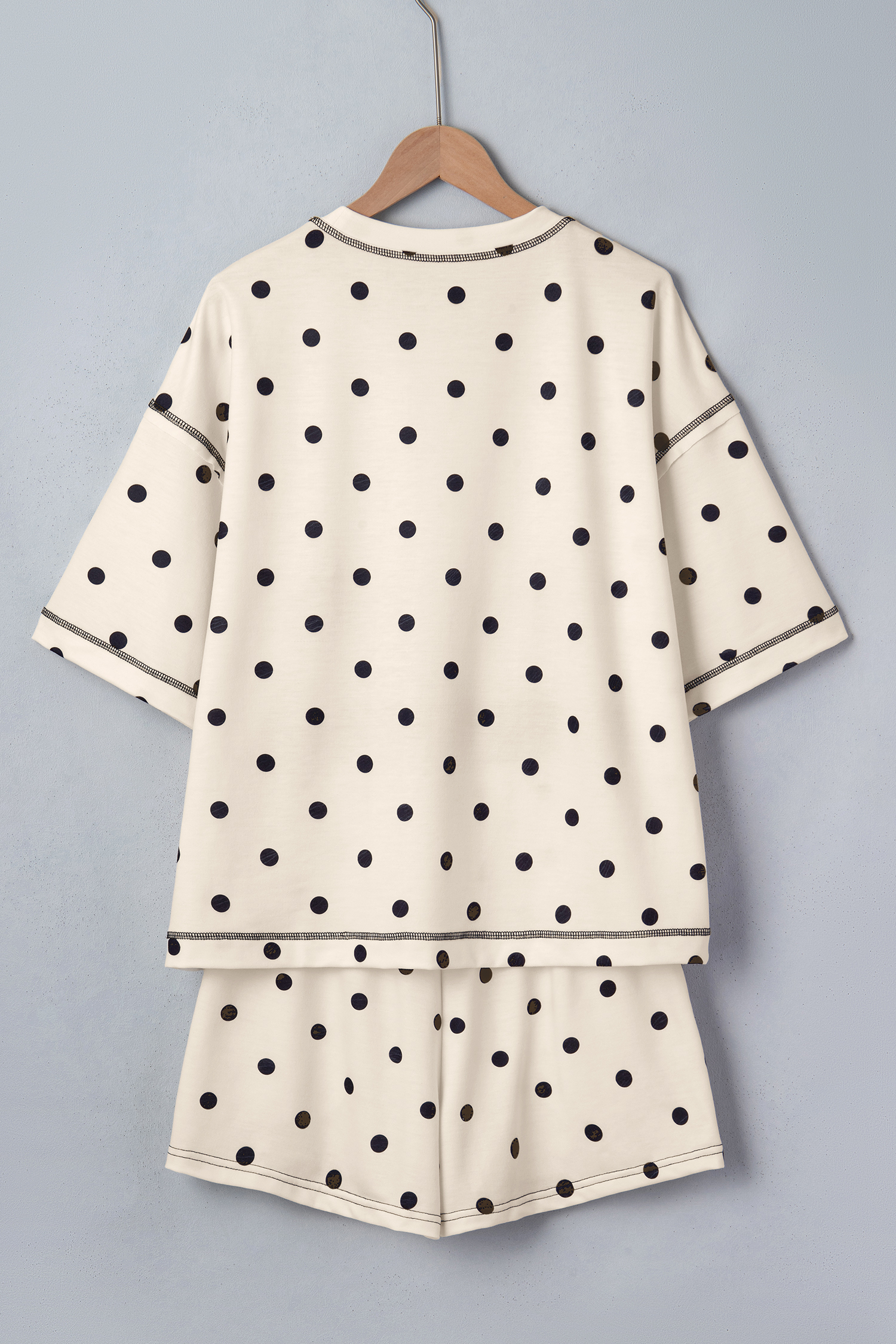 White Polka Dot Short Set for Women – Exposed Seam Detail Loose Tee and Shorts, Trendy Casual Style - Detail View 5 White Polka Dot Short Set for Women – Exposed Seam Detail Loose Tee and Shorts, Trendy Casual Style - Detail View 5