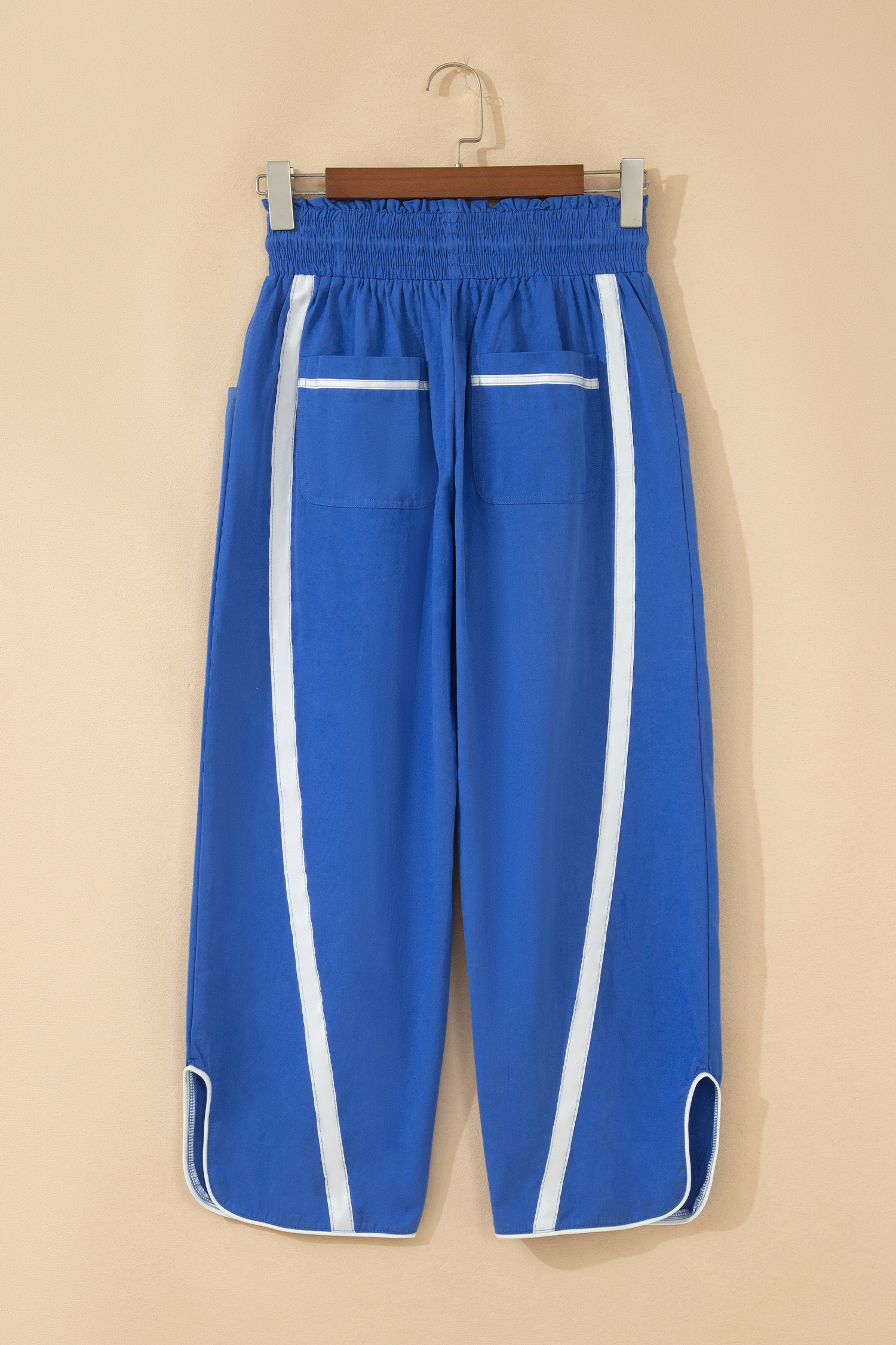 Women's High Waist Smocked Casual Pants – Dark Blue Contrast Stripe Cropped Trousers for Daily Wear - Detail View 6 Women's High Waist Smocked Casual Pants – Dark Blue Contrast Stripe Cropped Trousers for Daily Wear - Detail View 6
