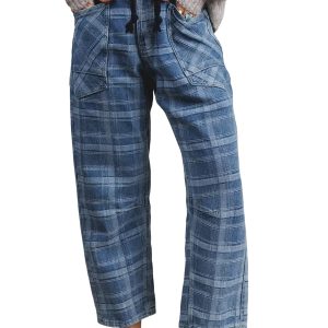 Women's Plaid Drawstring Jeans, Casual Sky Blue Denim - Main View