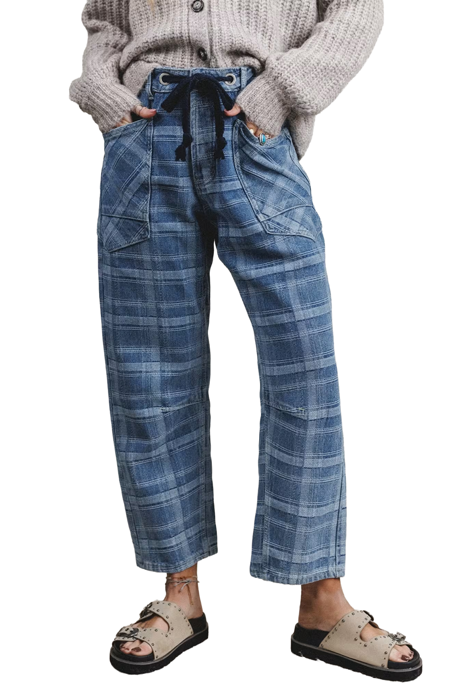 Women's Plaid Drawstring Jeans, Casual Sky Blue Denim - Main View Women's Plaid Drawstring Jeans, Casual Sky Blue Denim - Main View
