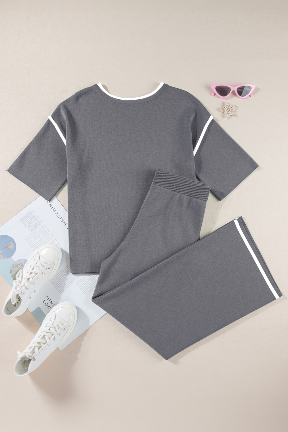 Women's Contrast Trim Lounge Set – Half Sleeve Top & Pants - Detail View 7 Women's Contrast Trim Lounge Set – Half Sleeve Top & Pants - Detail View 7