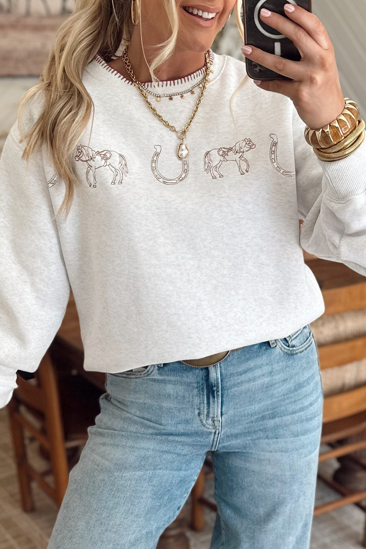 Women's Western Print Sweatshirt, Embroidered Grey Pullover - Detail View 5 Women's Western Print Sweatshirt, Embroidered Grey Pullover - Detail View 5